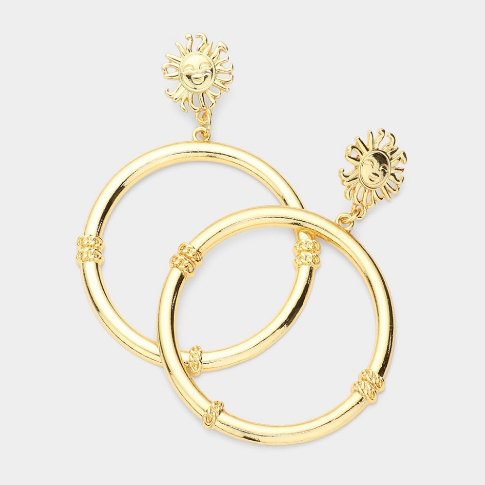 Gold Sun Hoop Dangle Earrings Cute Metal Design Thick Chunky Statement Jewelry